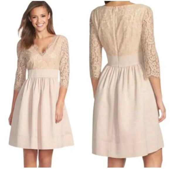 Eliza J Fit & Flare Dress 12 Beige Lace Faille V-Neck Knee Length Pockets - Picture 1 of 11